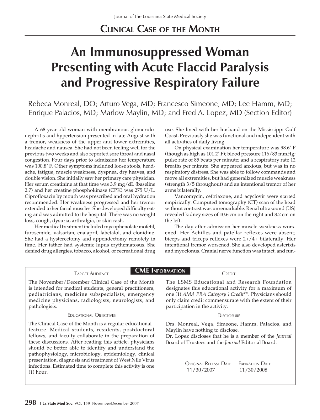 A Immunosupressed Woman Presenting with Acute Flaccid