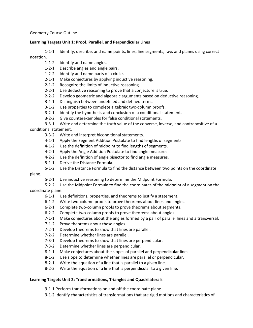 Geometry Course Outline Learning Targets Unit 1: Proof, Parallel, And