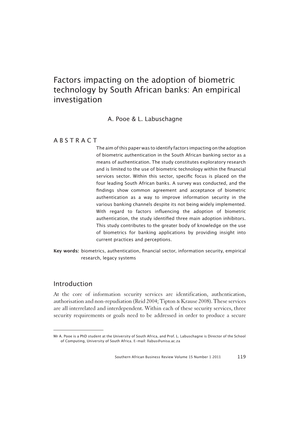 Factors Impacting on the Adoption of Biometric Technology by South African Banks: an Empirical Investigation