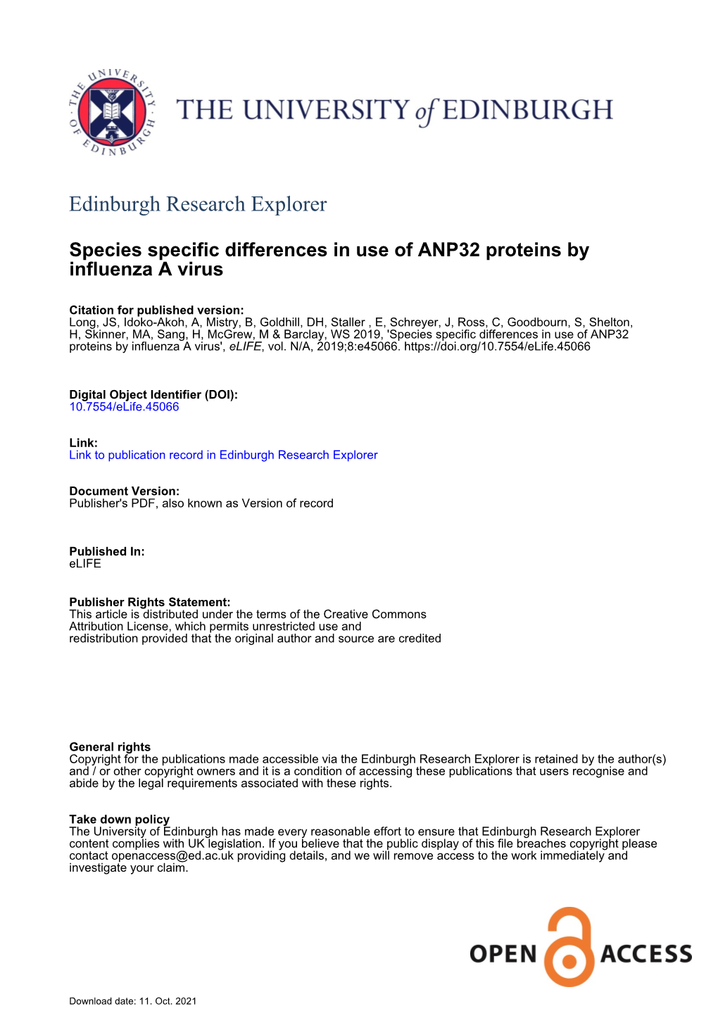 Species Specific Differences in Use of ANP32 Proteins by Influenza a Virus