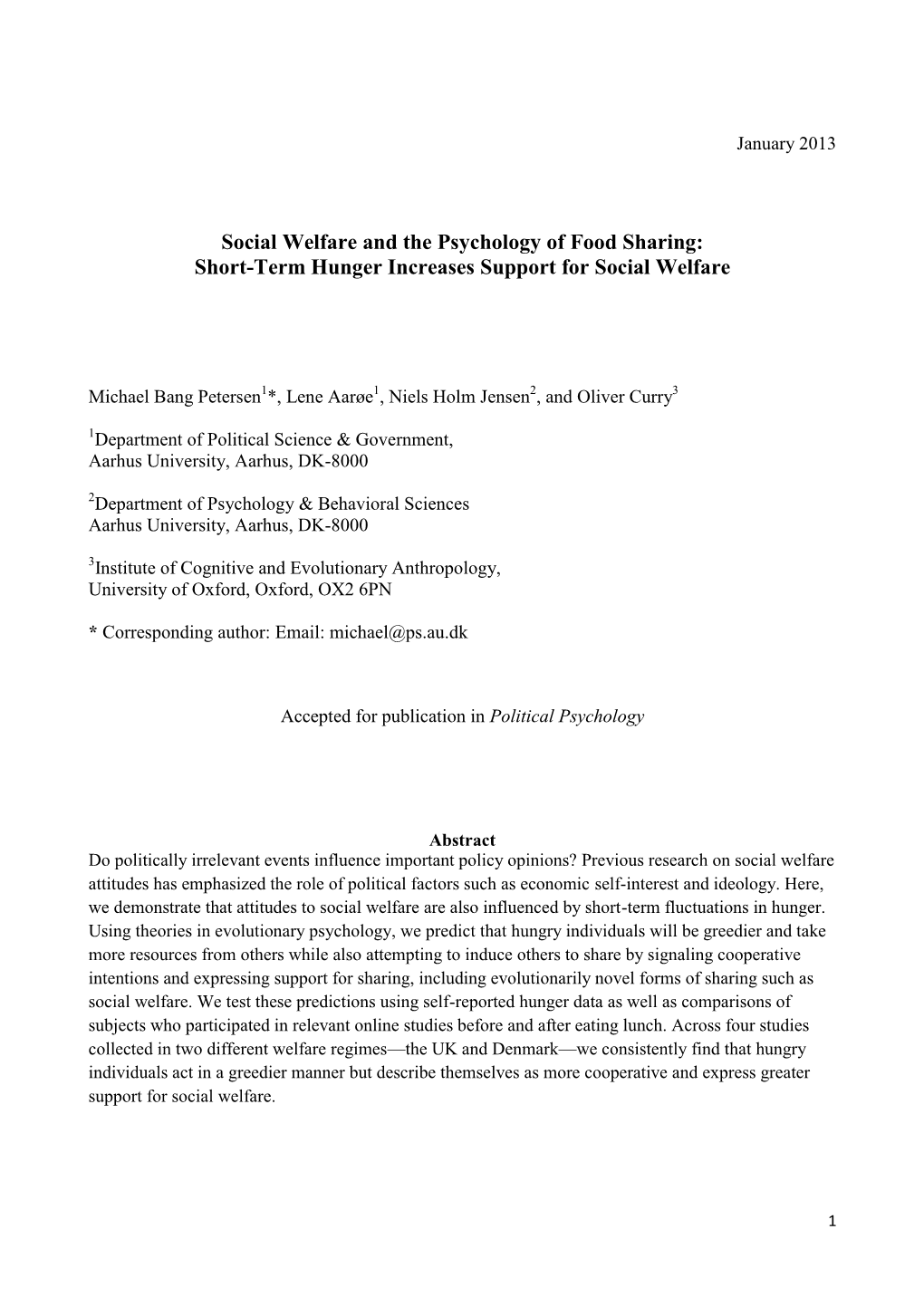 Social Welfare and the Psychology of Food Sharing: Short-Term Hunger Increases Support for Social Welfare