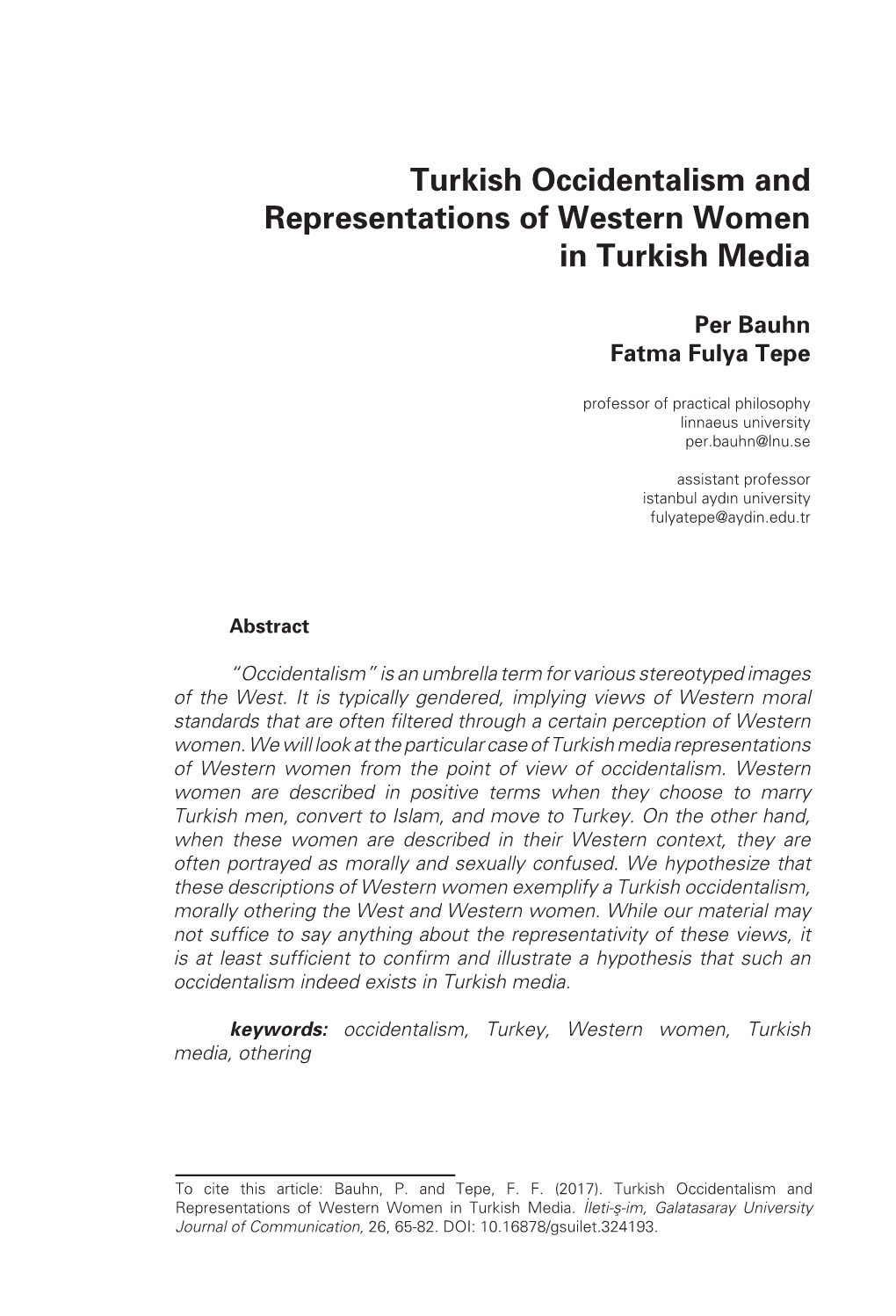 Turkish Occidentalism and Representations of Western Women in Turkish Media