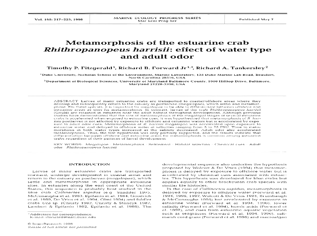 Rhithropanopeus Harrisii: Effect of Water Type and Adult Odor