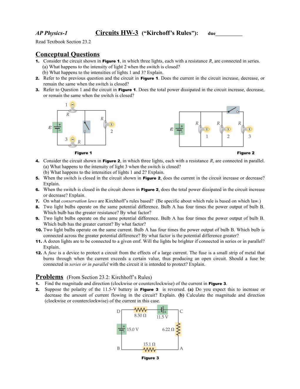 AP Physics-1 Circuits HW-3 ( Kirchoff S Rules ): Due______