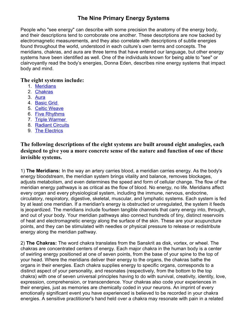 The Nine Primary Energy Systems