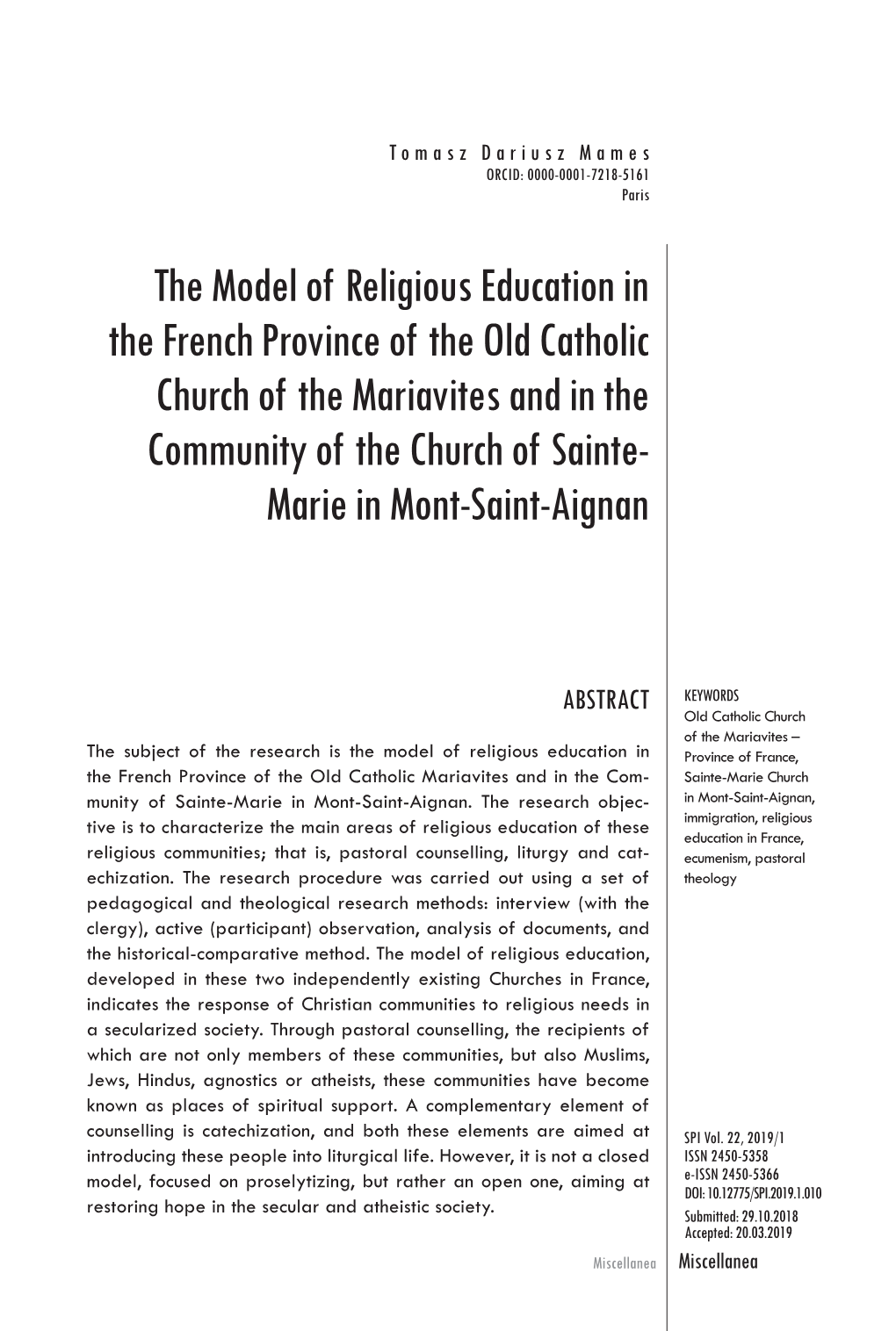The Model of Religious Education in the French Province of the Old