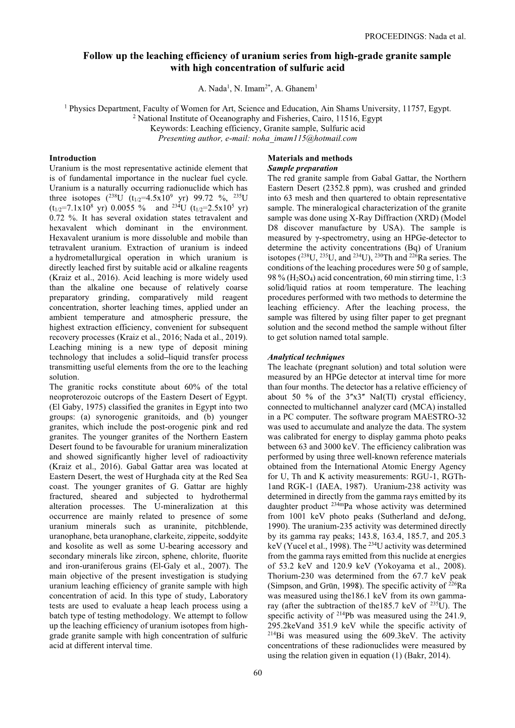 Follow up the Leaching Efficiency of Uranium Series from High-Grade Granite Sample with High Concentration of Sulfuric Acid