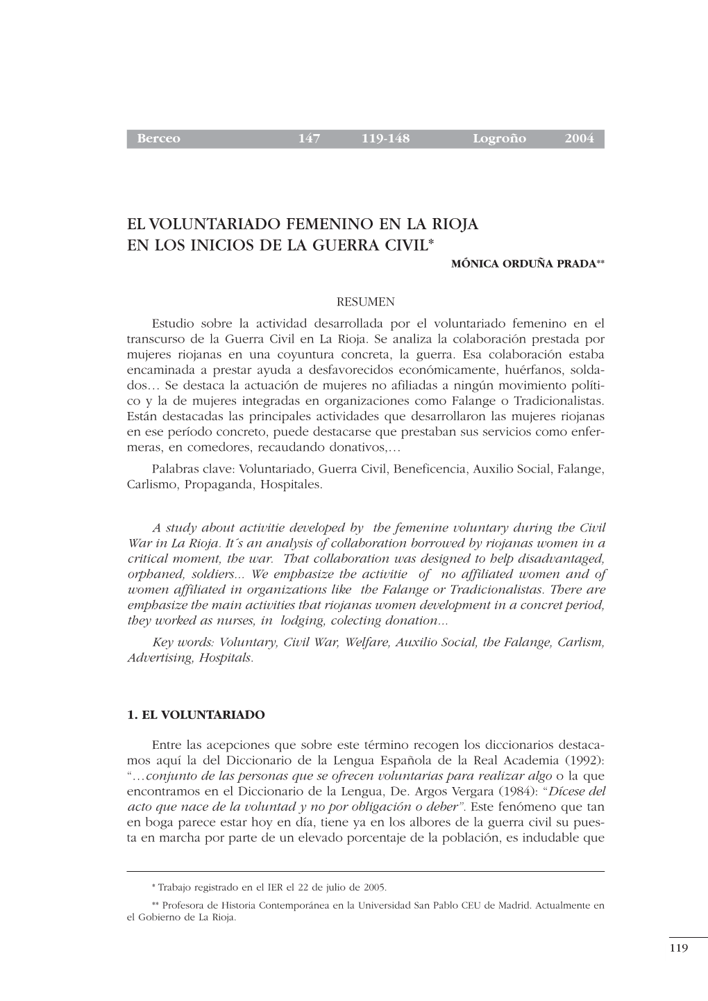 El Voluntariado Femenino En La Rioja En Los Inicios De La Guerra Civil* Mónica Orduña Prada**