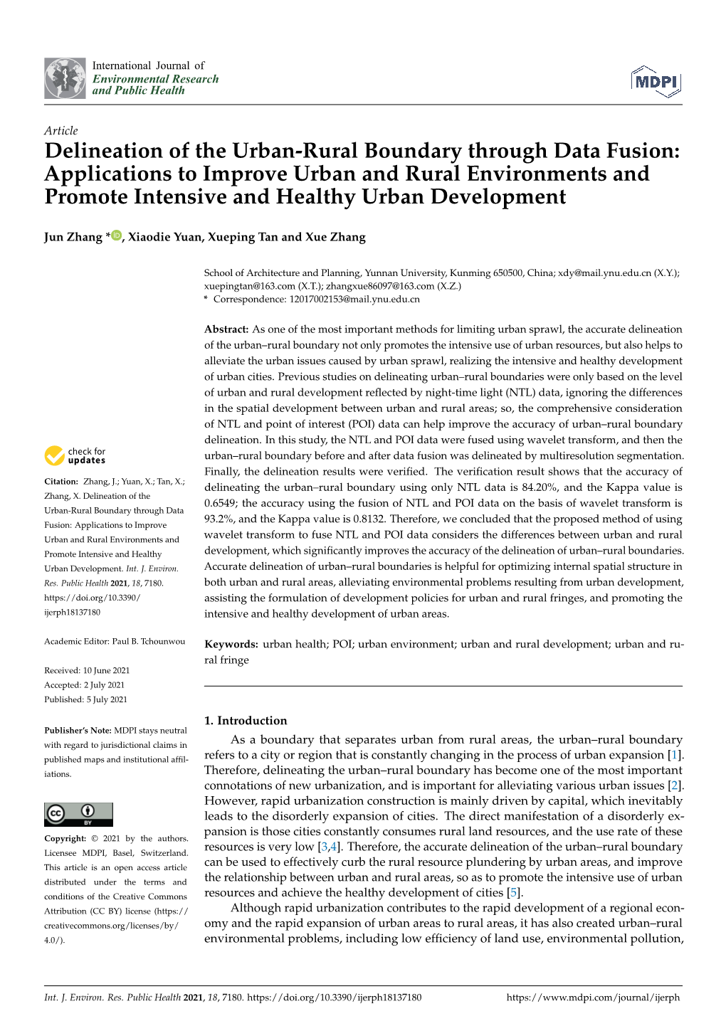 Delineation of the Urban-Rural Boundary Through Data Fusion: Applications to Improve Urban and Rural Environments and Promote Intensive and Healthy Urban Development