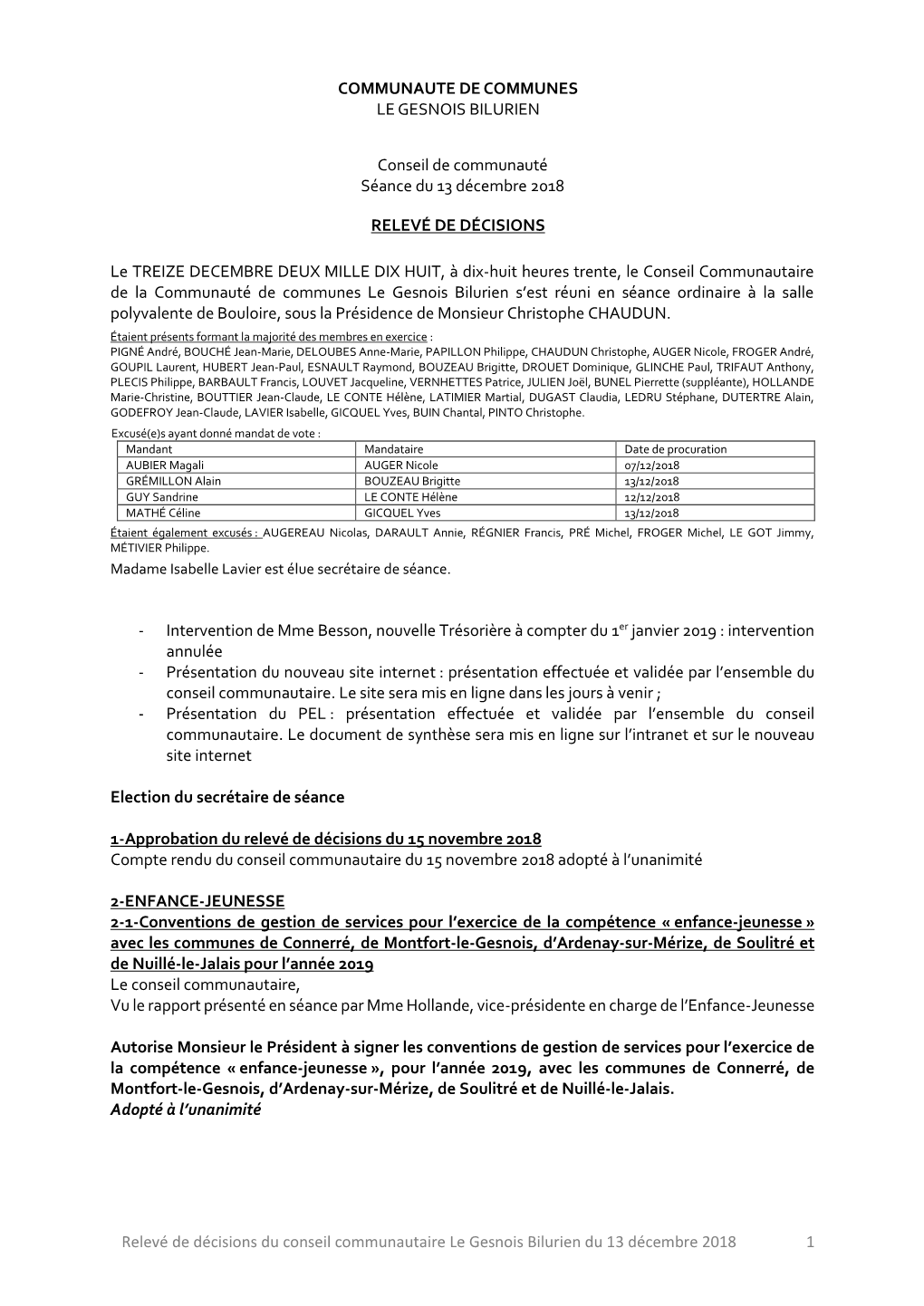 Conseil De Communauté Séance Du 13 Décembre 2018