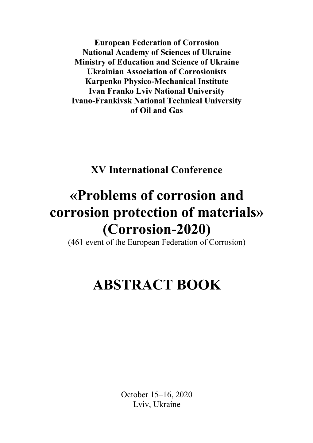 Corrosion-2020) (461 Event of the European Federation of Corrosion)