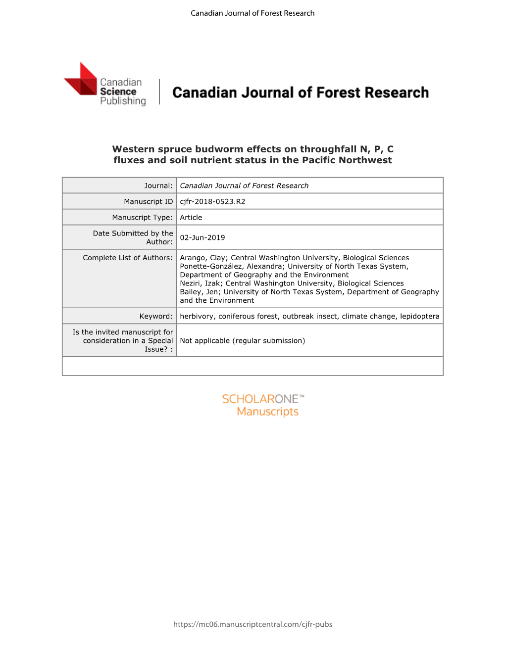 Western Spruce Budworm Effects on Throughfall N, P, C Fluxes and Soil Nutrient Status in the Pacific Northwest