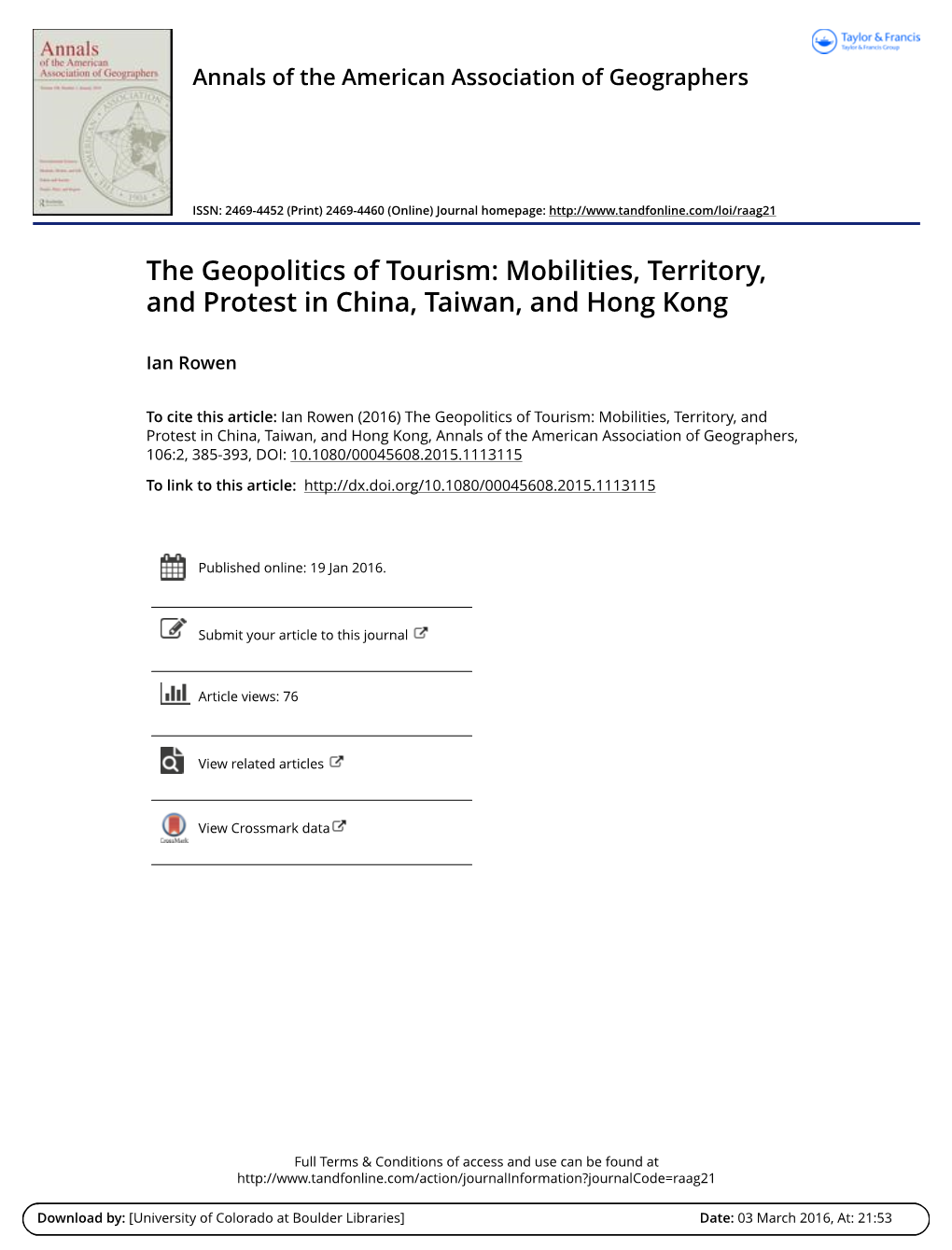 The Geopolitics of Tourism: Mobilities, Territory, and Protest in China, Taiwan, and Hong Kong