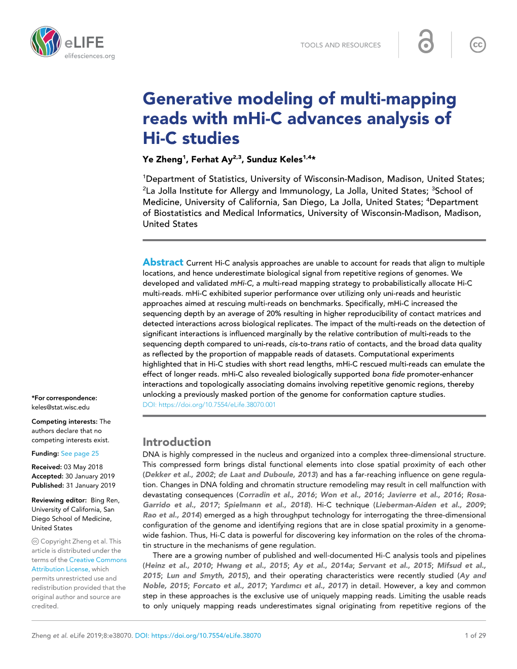 Generative Modeling of Multi-Mapping Reads with Mhi-C Advances Analysis of Hi-C Studies Ye Zheng1, Ferhat Ay2,3, Sunduz Keles1,4*