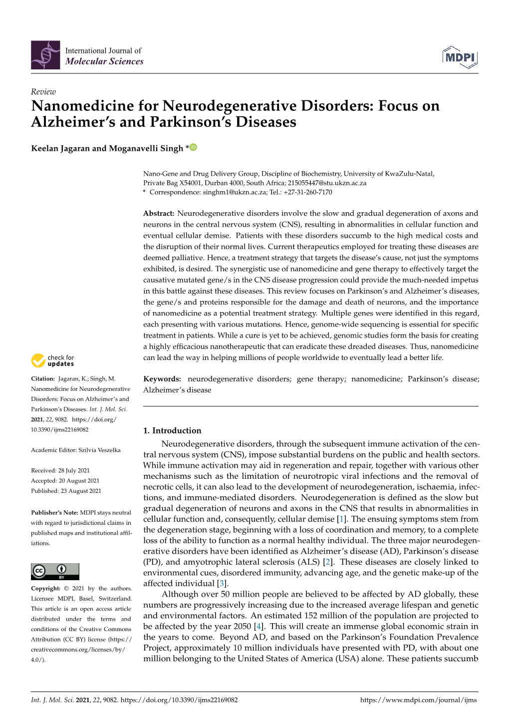 Nanomedicine for Neurodegenerative Disorders: Focus on Alzheimer's