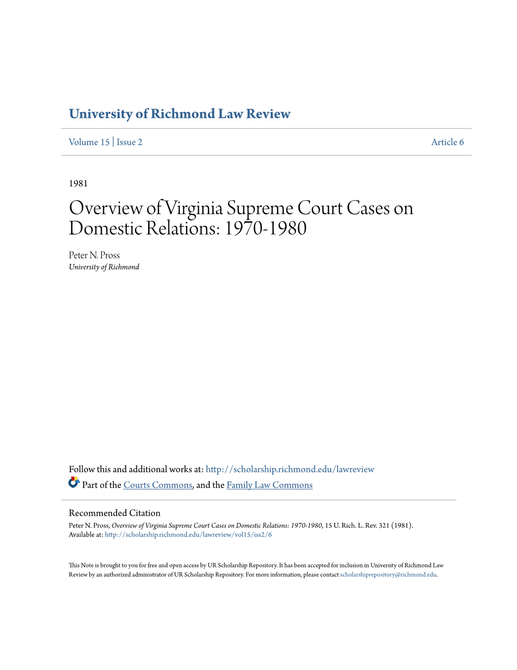 Overview of Virginia Supreme Court Cases on Domestic Relations: 1970-1980 Peter N