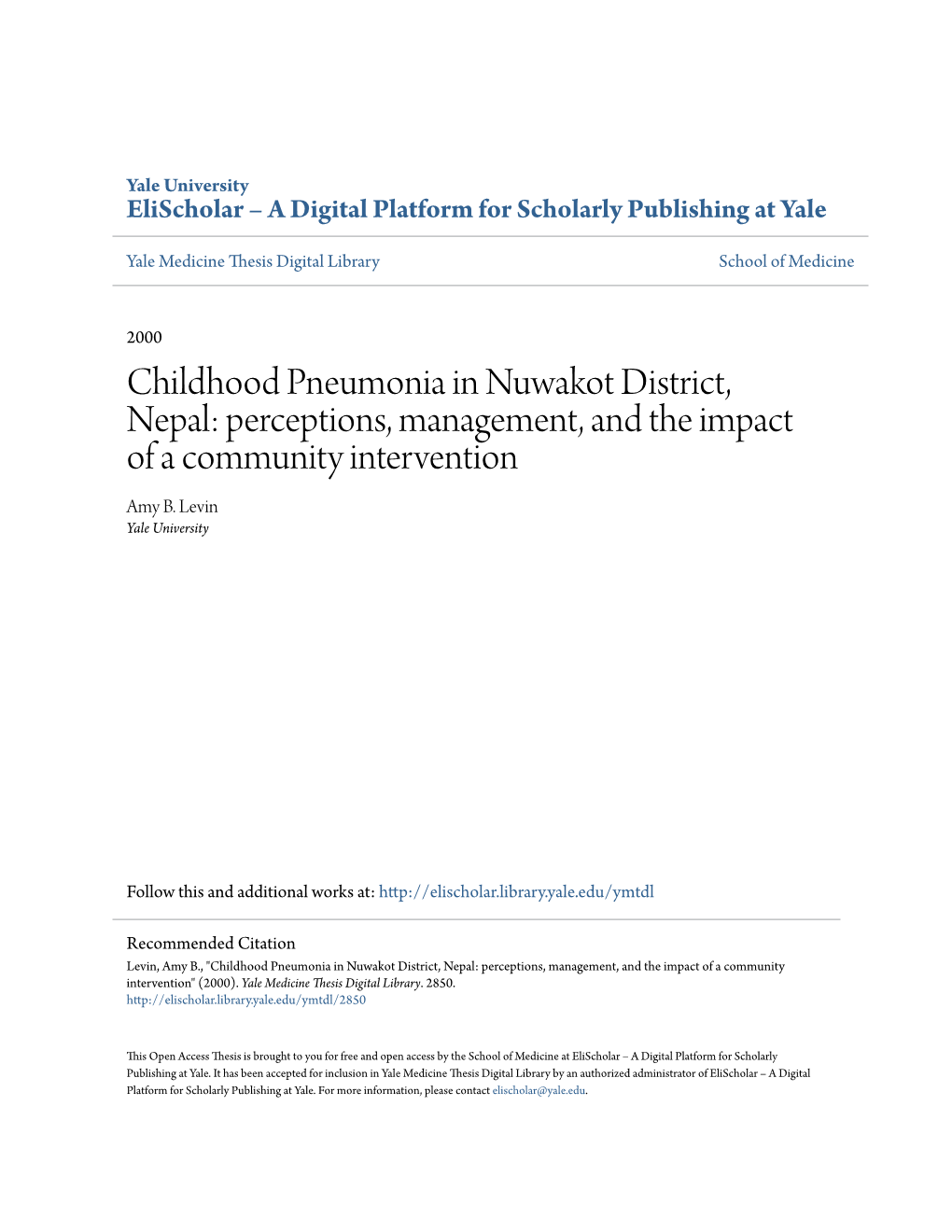 Childhood Pneumonia in Nuwakot District, Nepal: Perceptions, Management, and the Impact of a Community Intervention Amy B