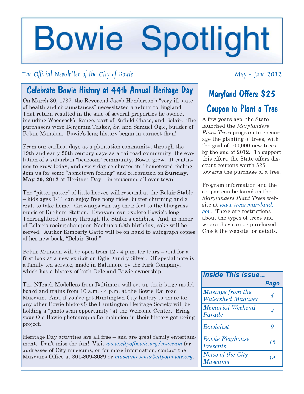 The Official Newsletter of the City of Bowie May - June 2012