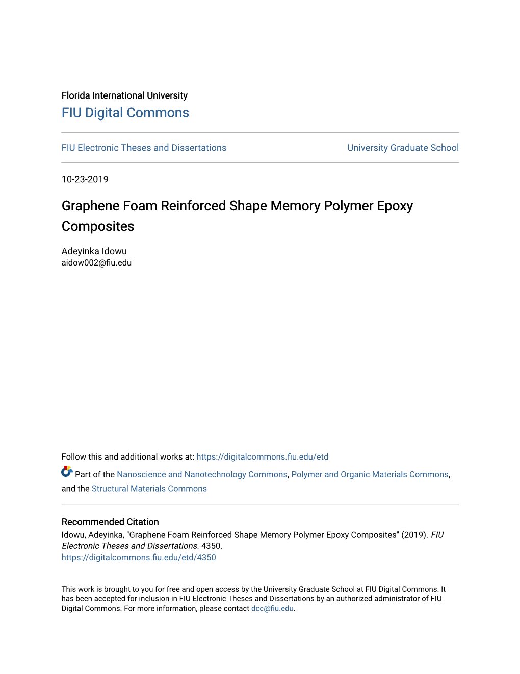 Graphene Foam Reinforced Shape Memory Polymer Epoxy Composites