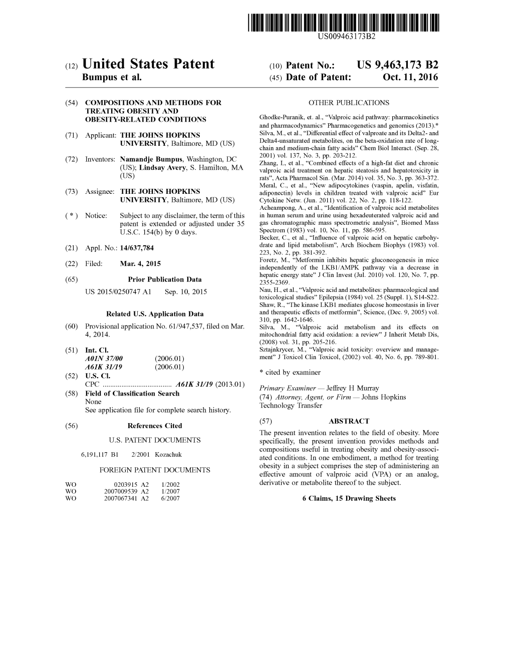 (12) United States Patent (10) Patent No.: US 9,463,173 B2 Bumpus Et Al