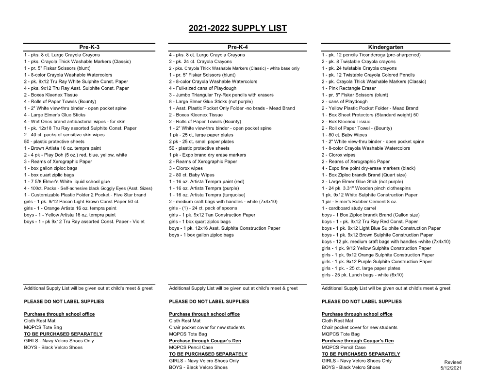 2021-2022 Supply List