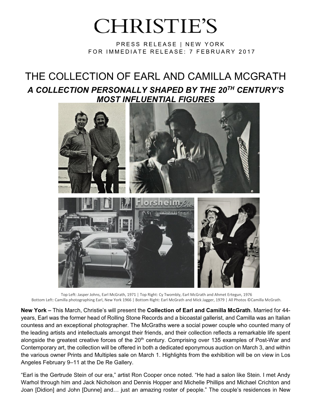 The Collection of Earl and Camilla Mcgrath a Collection Personally Shaped by the 20Th Century’S Most Influential Figures