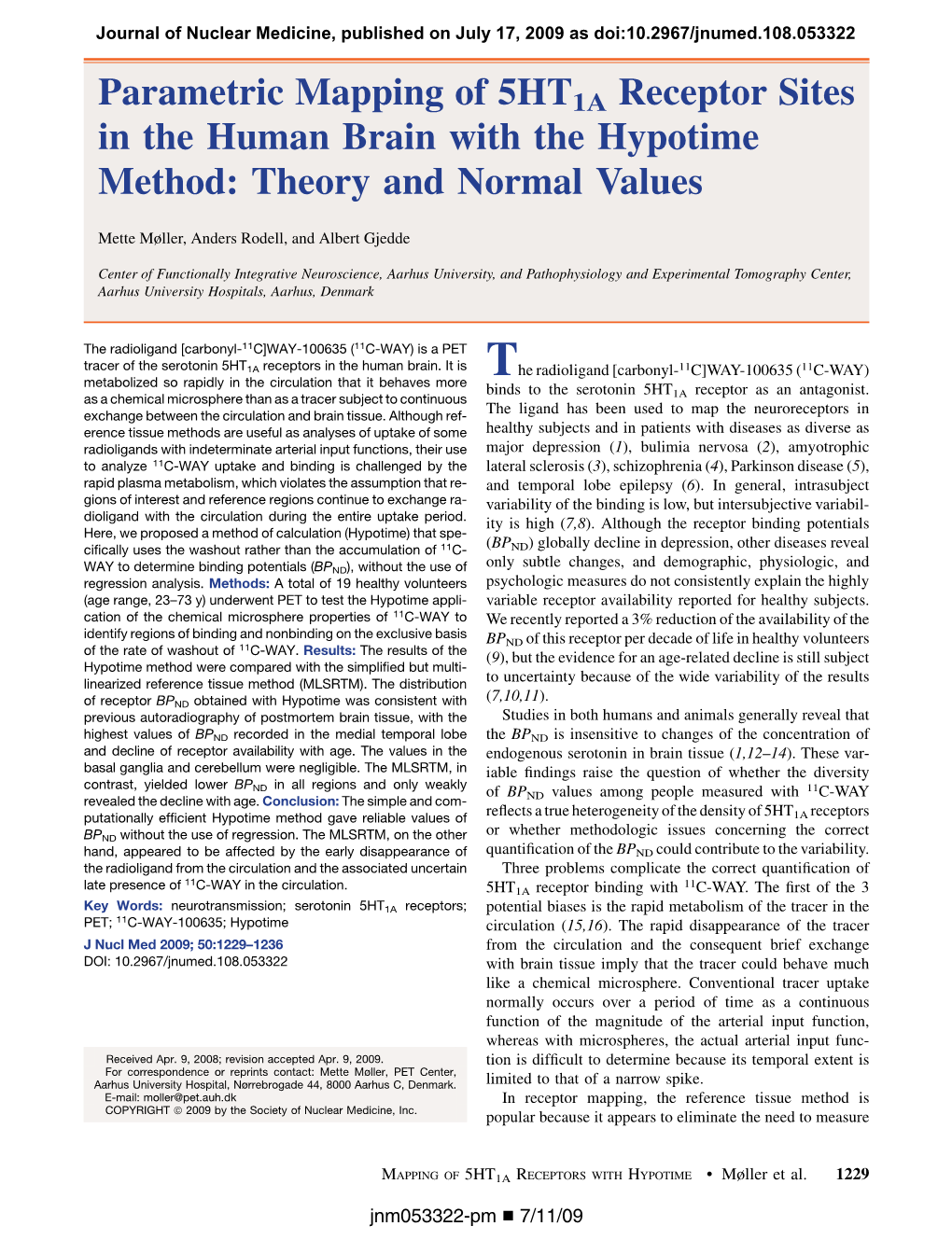 Parametric Mapping of 5HT1A Receptor Sites in the Human Brain with the Hypotime Method: Theory and Normal Values