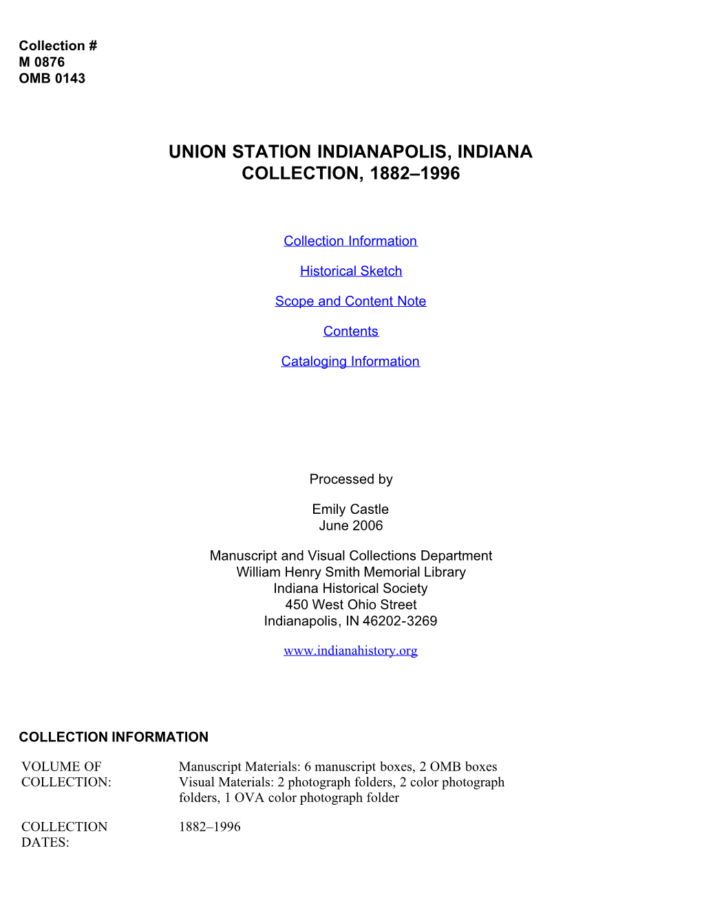 Union Station Indianapolis, Indiana Collection, 1882-1996