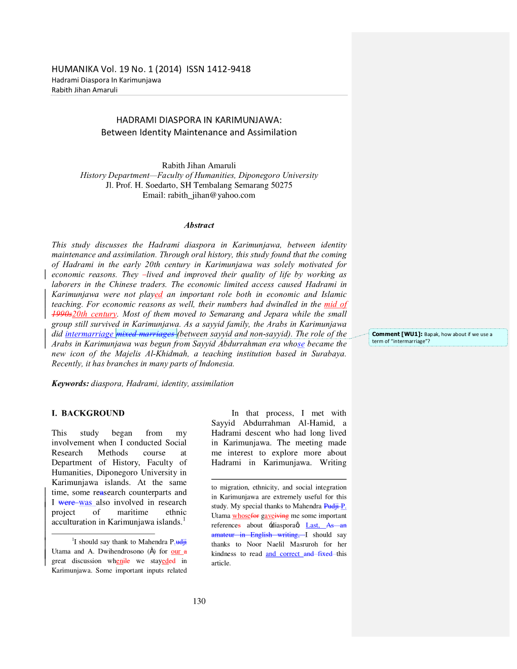 (2014) ISSN 1412-9418 Hadrami Diaspora in Karimunjawa Rabith Jihan Amaruli