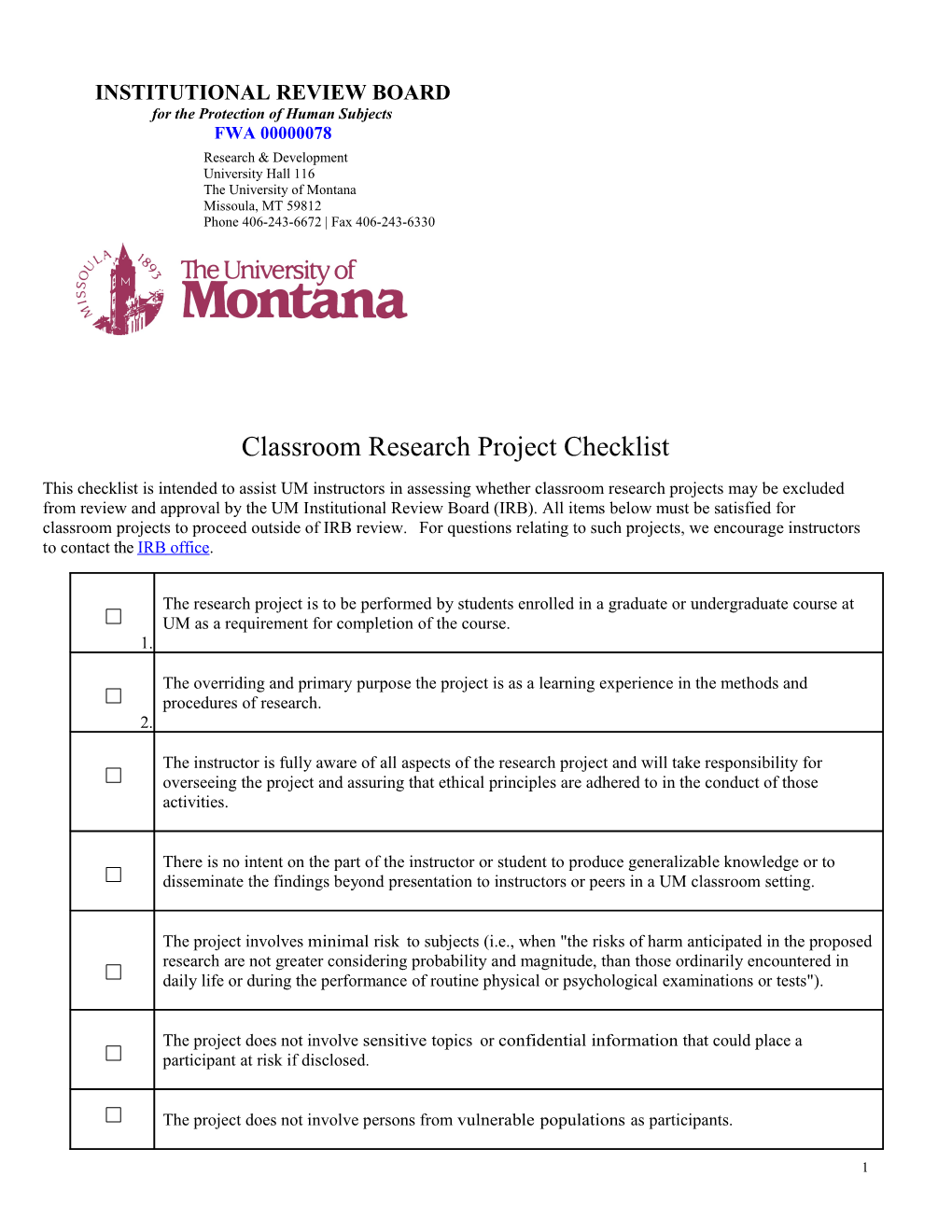 Classroom Research Project Checklist