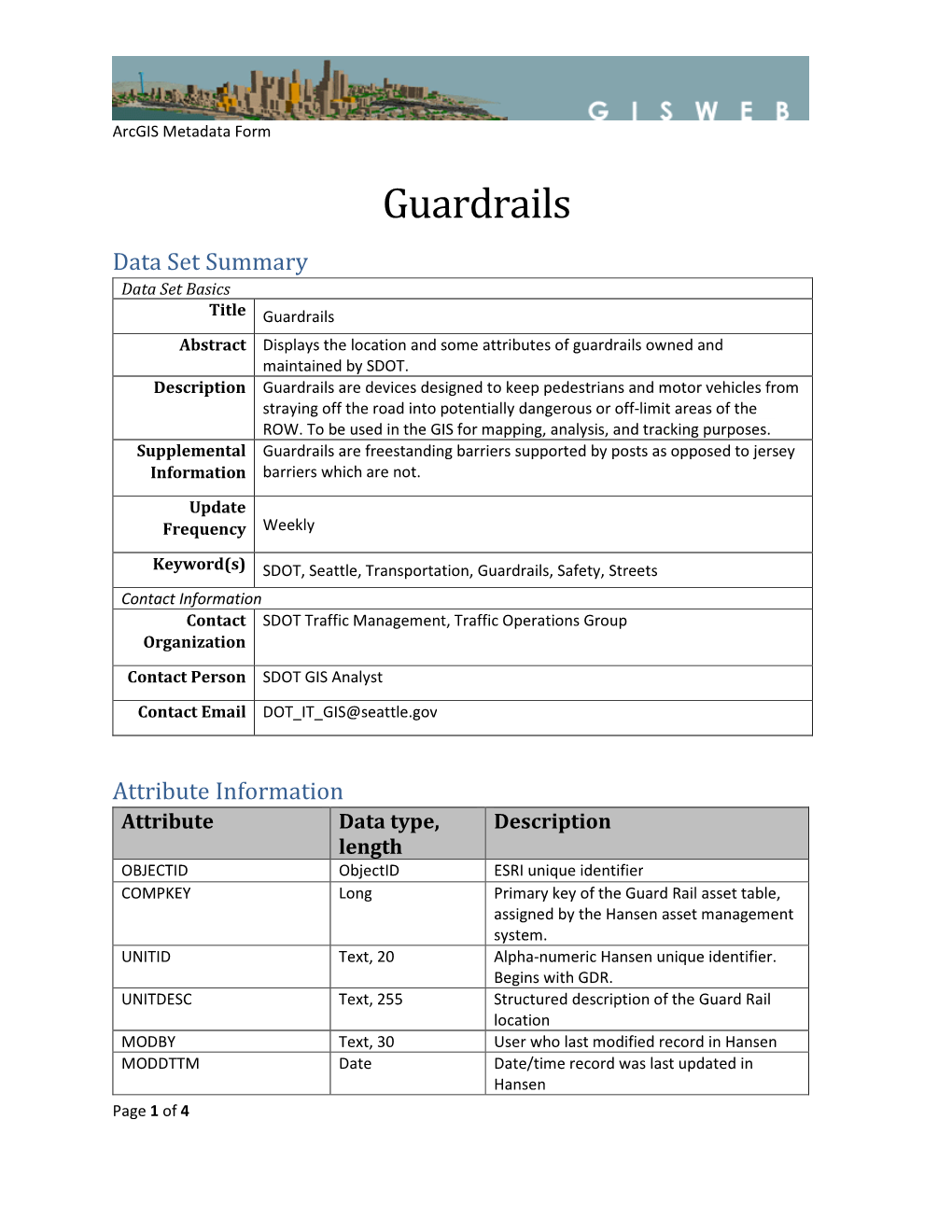 Guardrails Data Set Summary Data Set Basics Title Guardrails Abstract Displays the Location and Some Attributes of Guardrails Owned and Maintained by SDOT