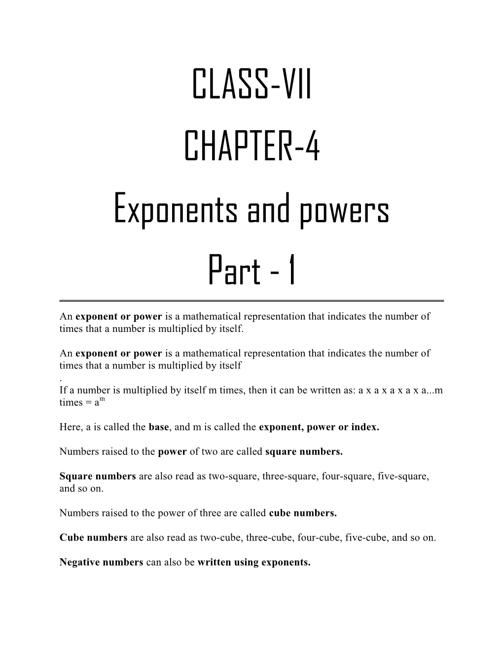 CLASS-VII CHAPTER-4 Exponents and Powers Part - 1