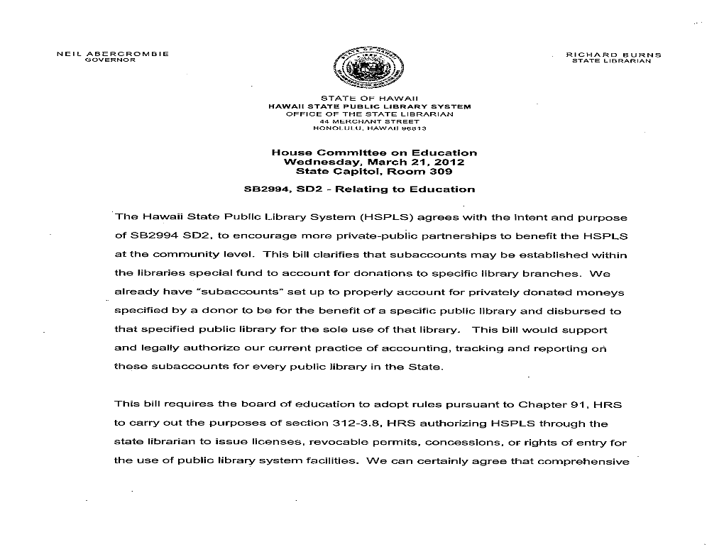 House Committee on Education Wednesday, March 21, 2012 State Capitol, Room 309 5B2994