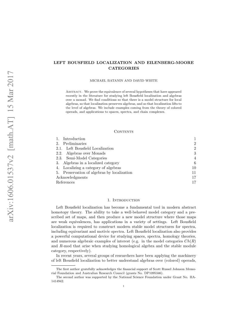 Bousfield Localization and Eilenberg-Moore Categories