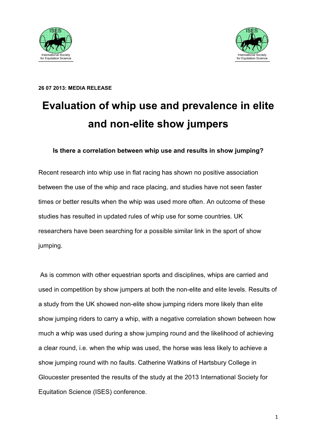 Evaluation of Whip Use and Prevalence in Elite and Non-Elite Show Jumpers