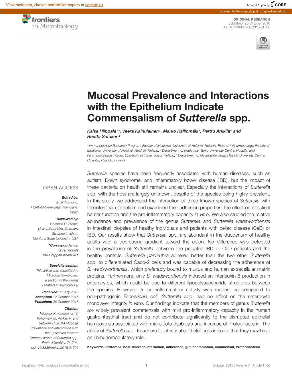 Mucosal Prevalence and Interactions with the Epithelium Indicate Commensalism of Sutterella Spp