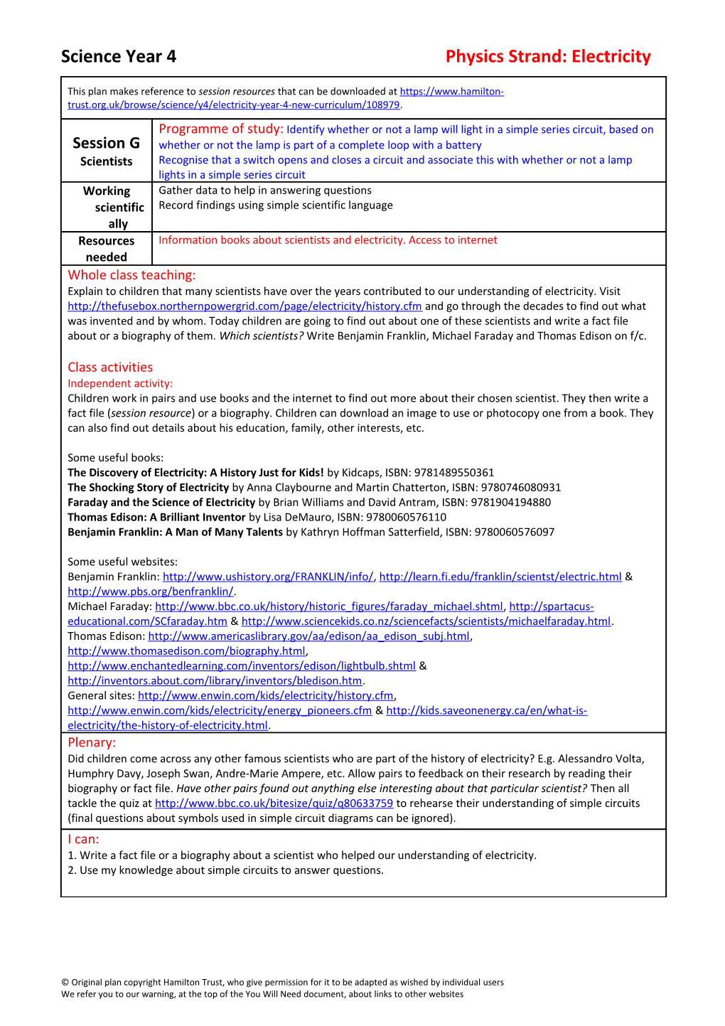 Science Year 4 Physics Strand: Electricity