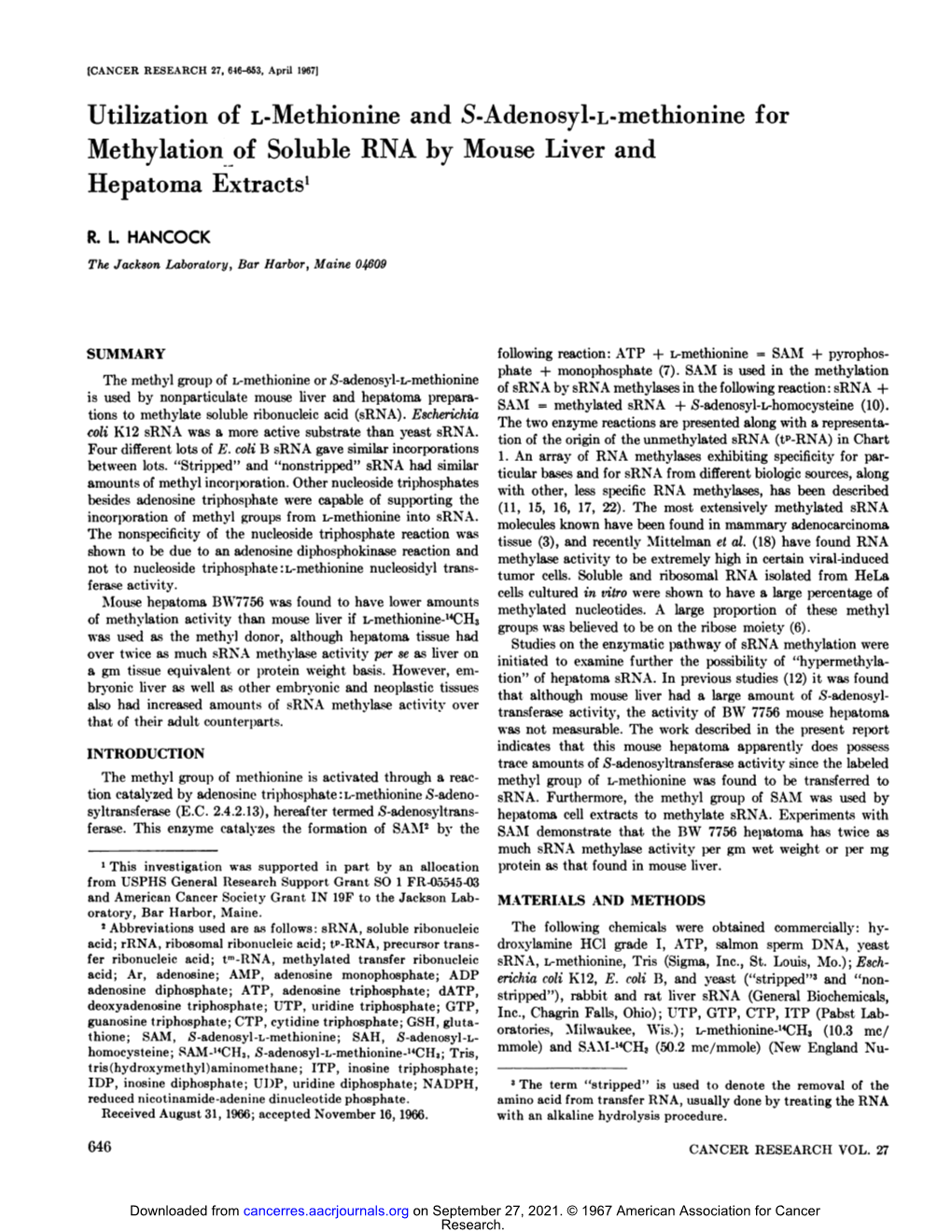 Utilization of L-Methionine and S-Adenosyl-L-Methionine for Methylation of Soluble RNA by Mouse Liver and Hepatoma Extracts1