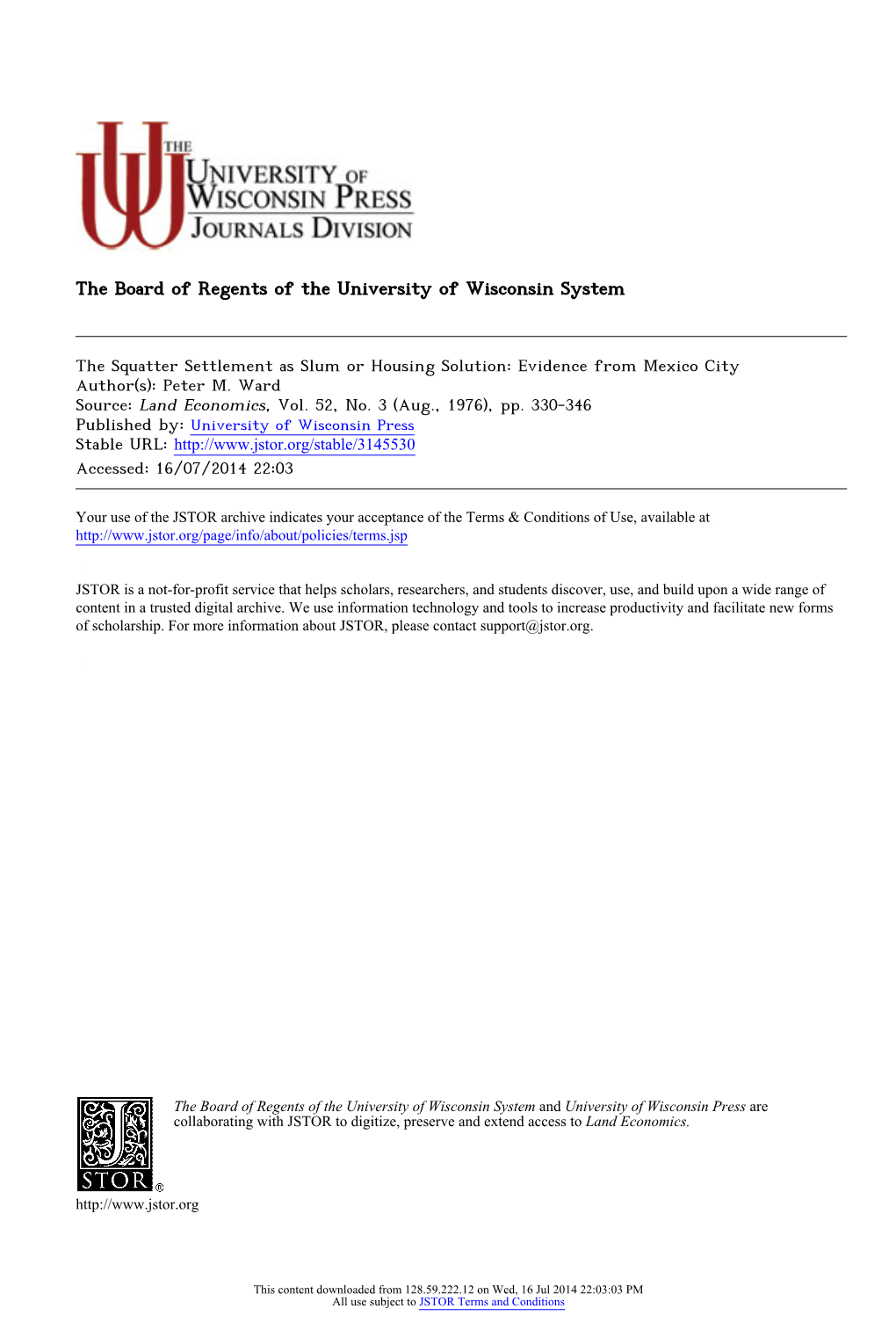 The Squatter Settlement As Slum Or Housing Solution: Evidence from Mexico City Author(S): Peter M