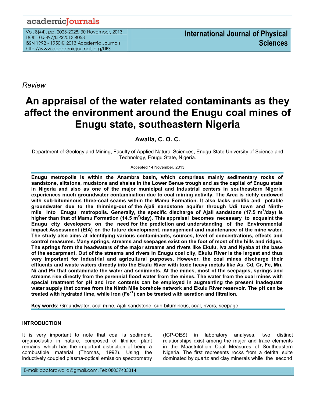 An Appraisal of the Water Related Contaminants As They Affect the Environment Around the Enugu Coal Mines of Enugu State, Southeastern Nigeria
