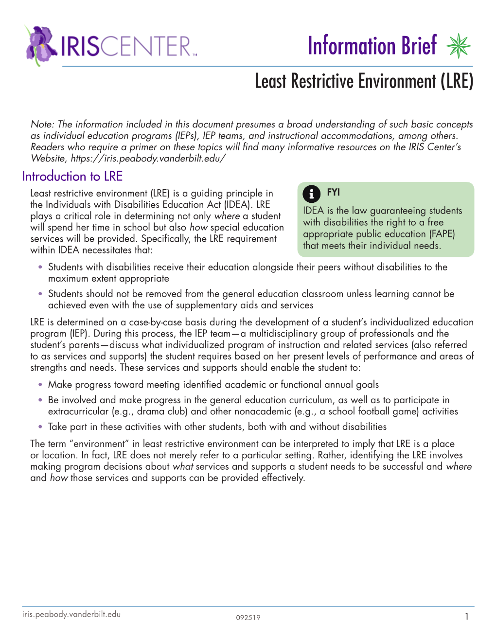 Least Restrictive Environment (LRE) Information Brief