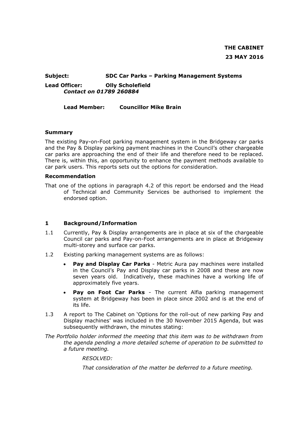 Subject: SDC Car Parks Parking Management Systems