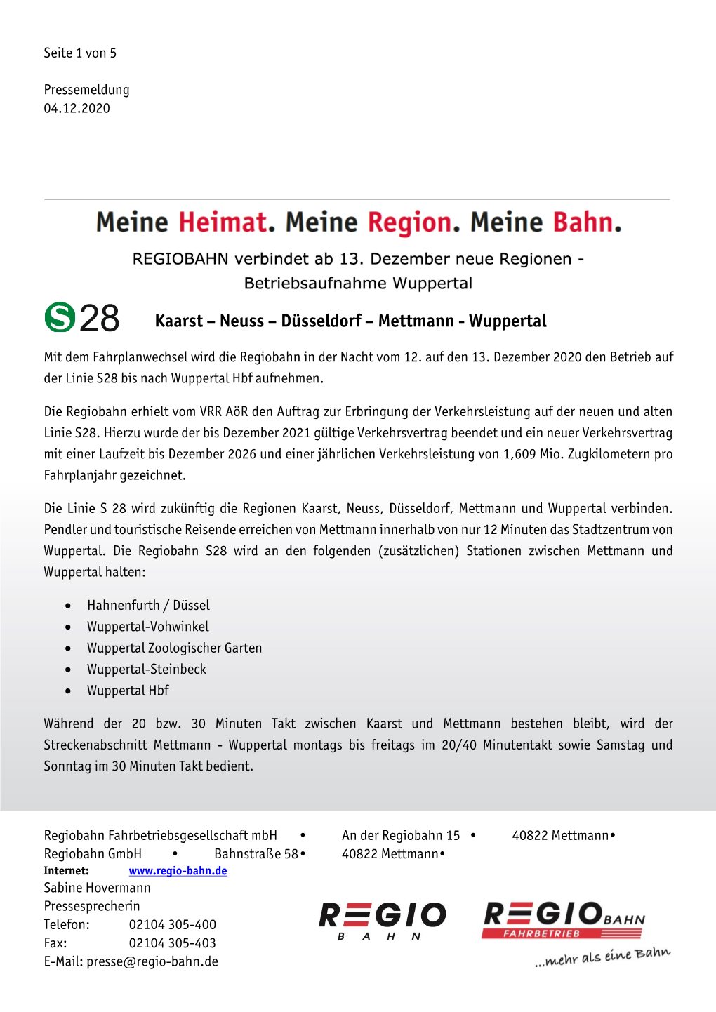 Kaarst – Neuss – Düsseldorf – Mettmann - Wuppertal Mit Dem Fahrplanwechsel Wird Die Regiobahn in Der Nacht Vom 12