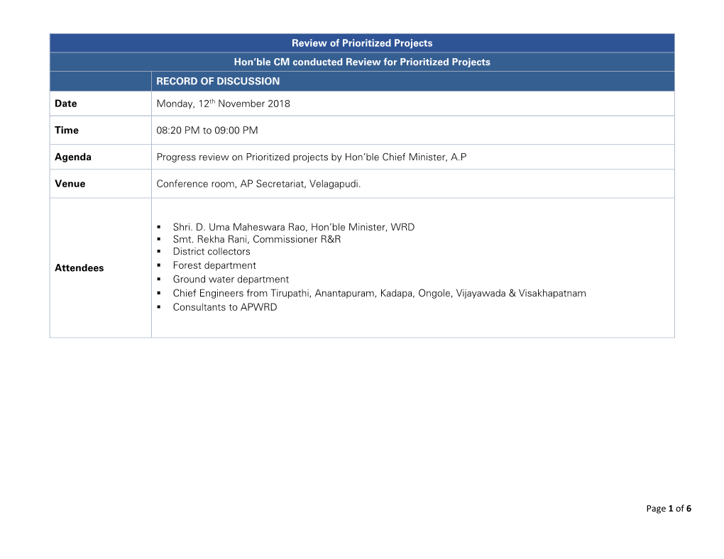 Page 1 of 6 Review of Prioritized Projects Hon'ble CM Conducted