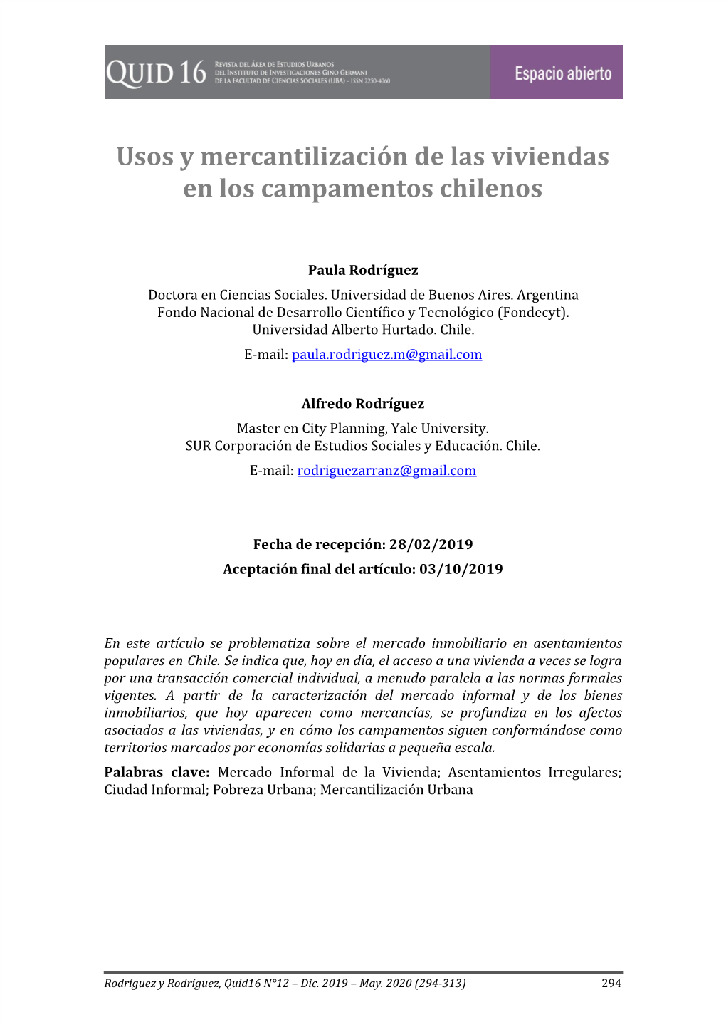 Usos Y Mercantilización De Las Viviendas En Los Campamentos Chilenos