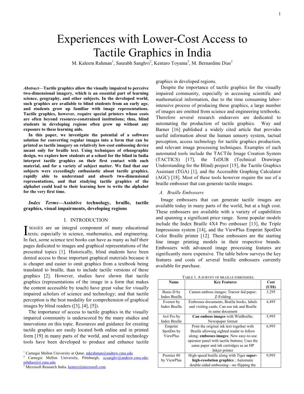 Experiences with Lower-Cost Access to Tactile Graphics in India M