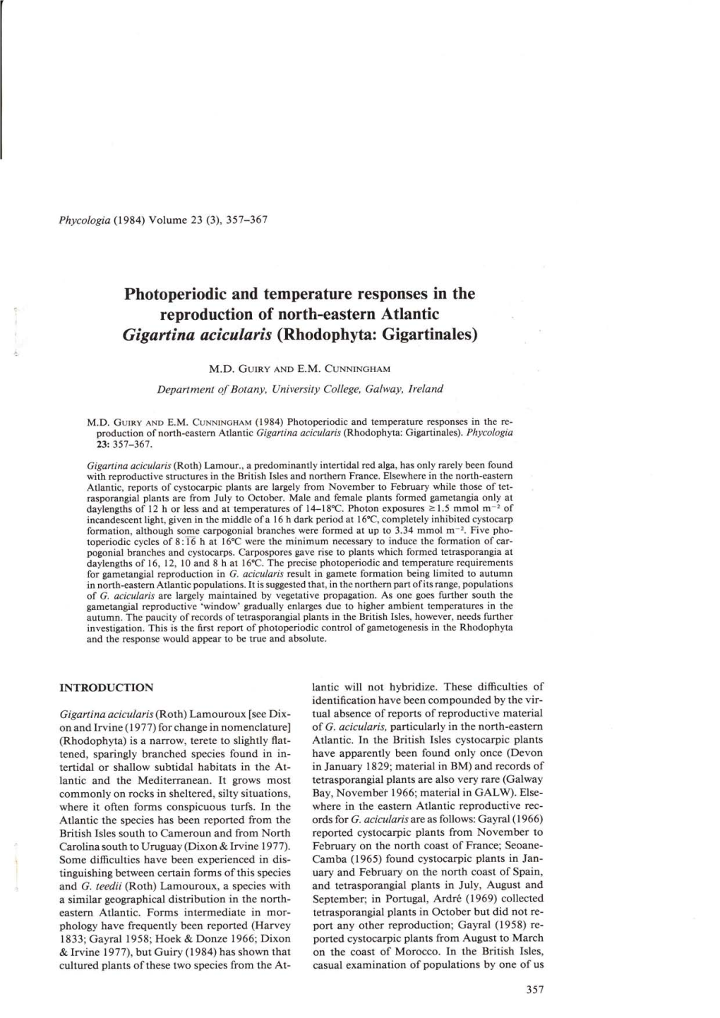 Photoperiodic and Temperature Responses in the Reproduction Of