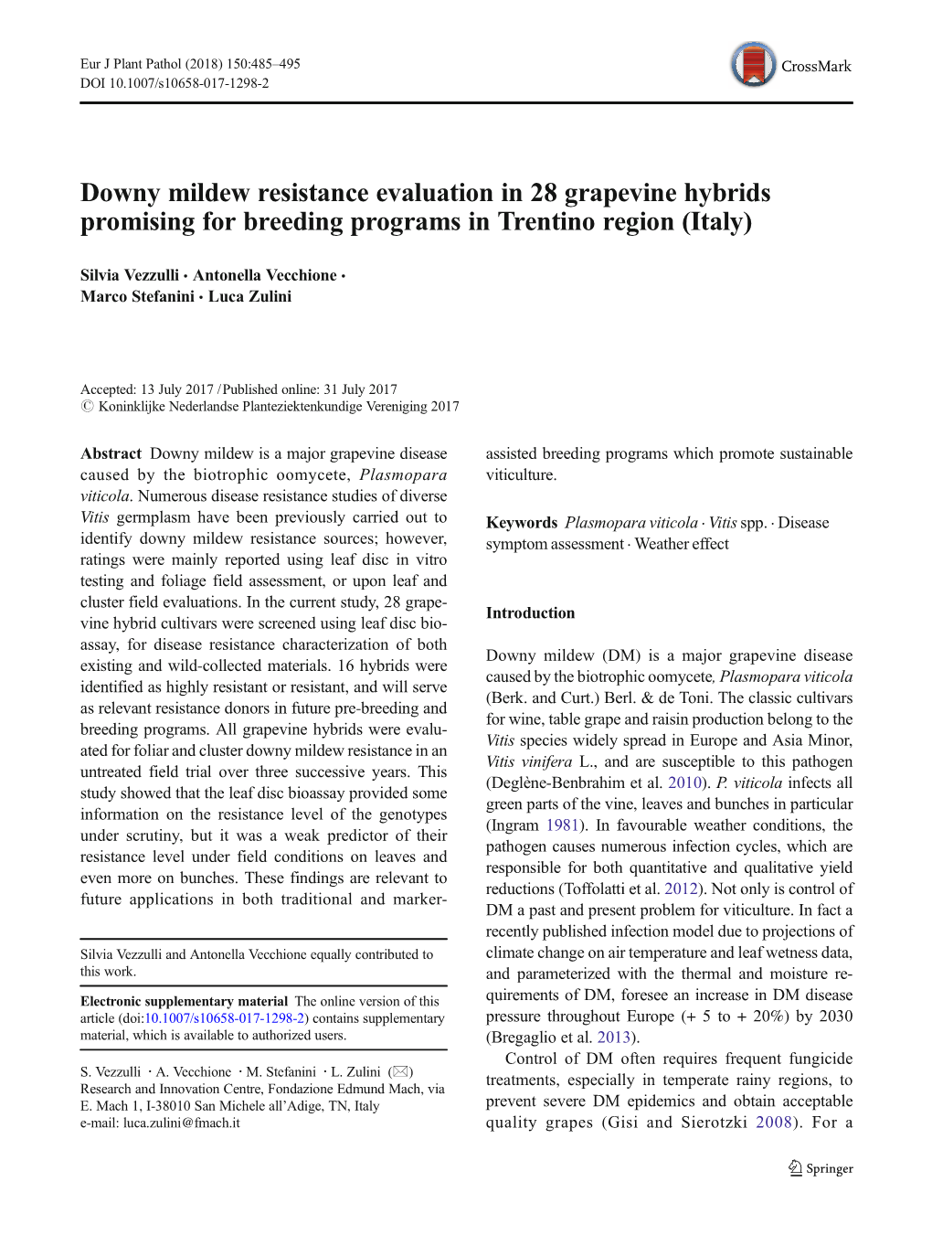 Downy Mildew Resistance Evaluation in 28 Grapevine Hybrids Promising for Breeding Programs in Trentino Region (Italy)