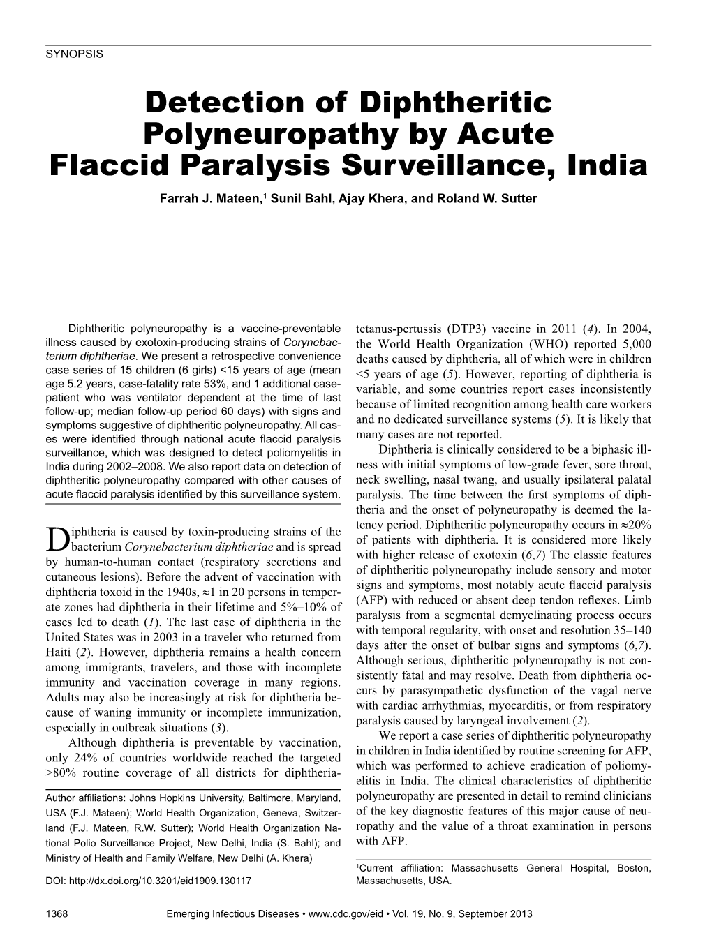 Detection of Diphtheritic Polyneuropathy by Acute Flaccid Paralysis Surveillance, India Farrah J