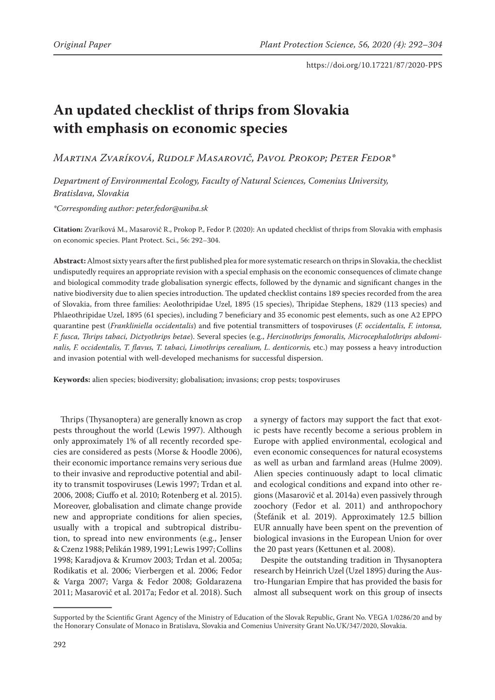 An Updated Checklist of Thrips from Slovakia with Emphasis on Economic Species